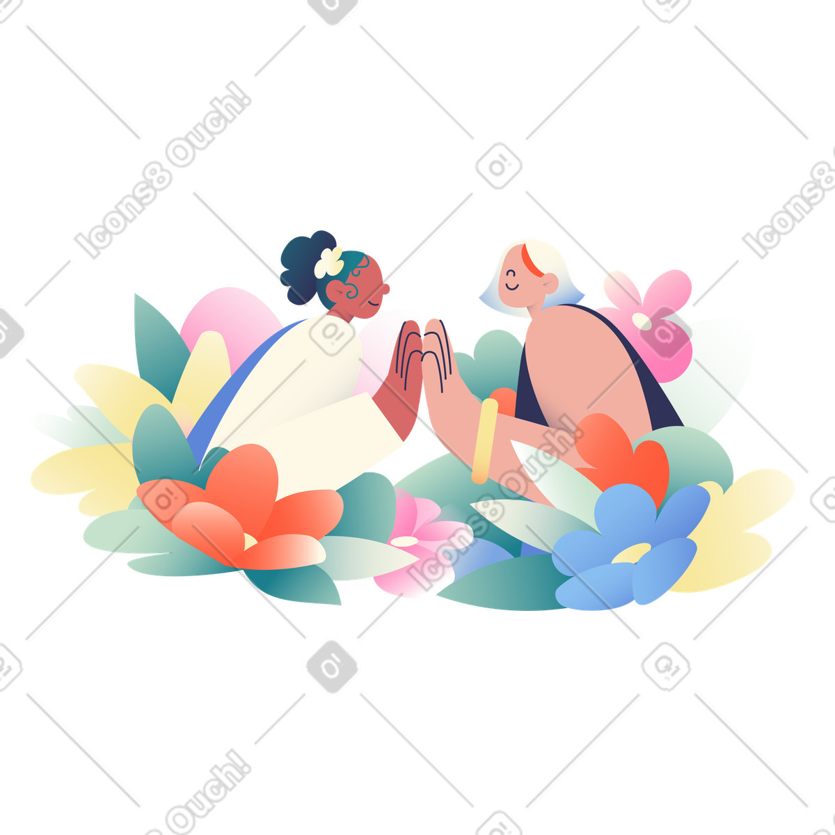 下载 Beam 风格的 Friends holding hands surrounded by flowers, Unity and mutual support 插画，支持 PNG、SVG 格式