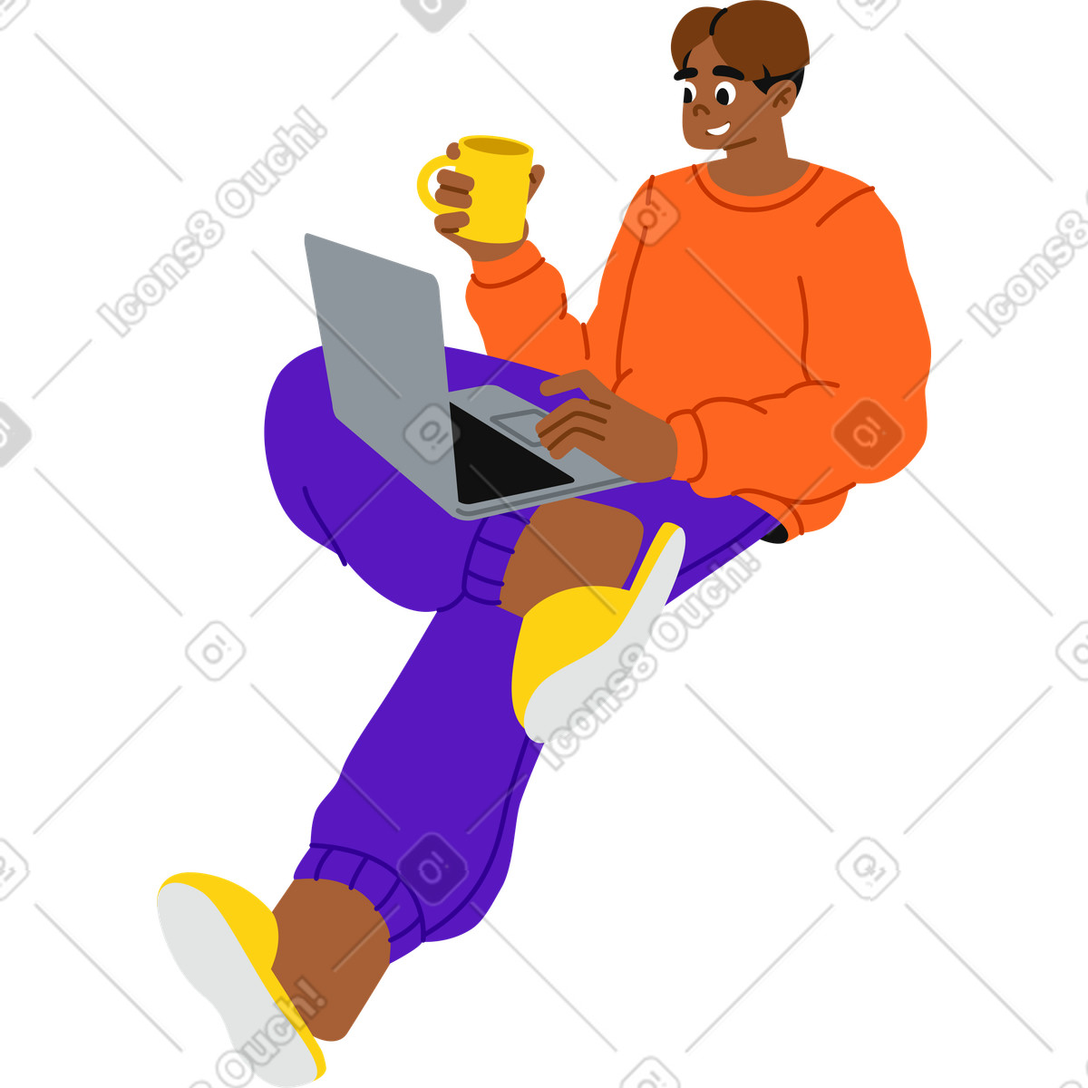 Guy sitting with coffee and laptop illustration in Active style download in PNG, SVG