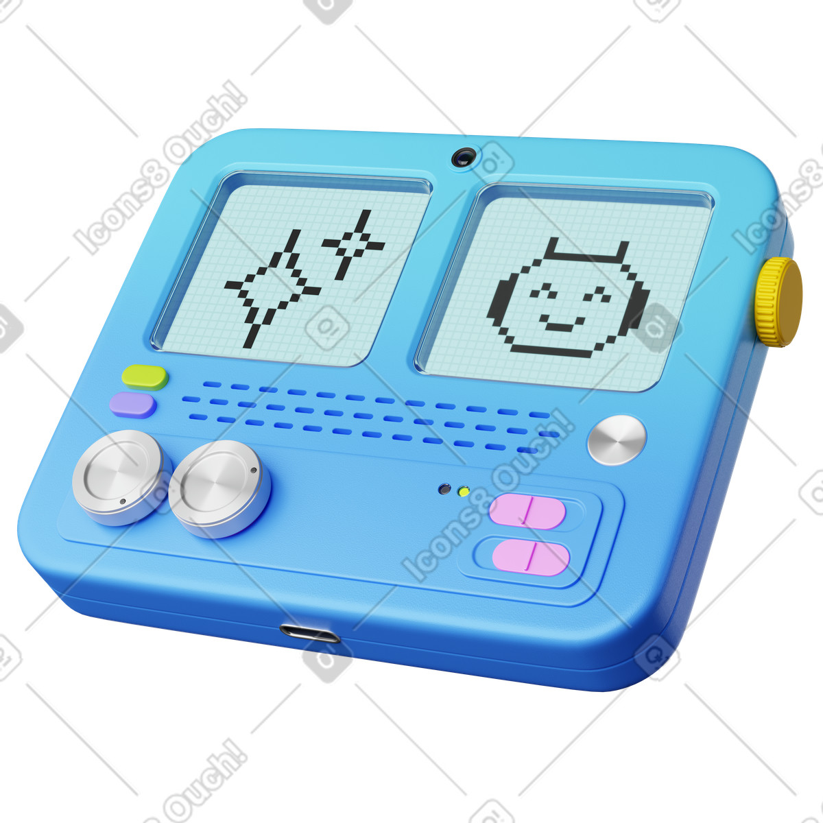 Console dual screens with pixel chatbot face and sparkle icons-Illustration im 3D Plastic-Stil als Download in PNG, SVG