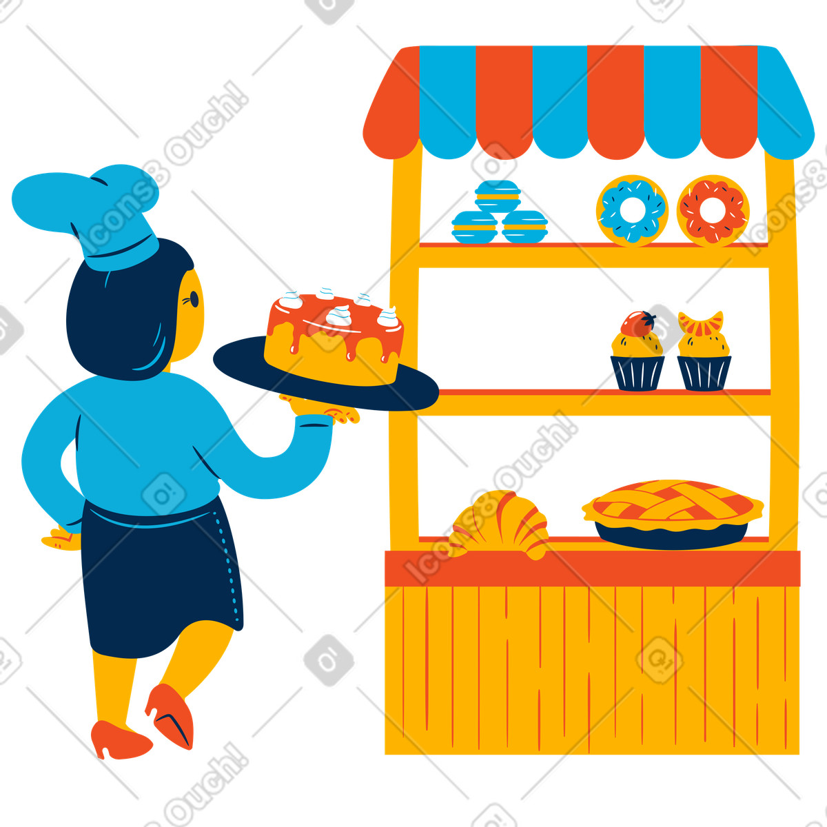 Illustration Cuisinier mettant un gâteau sur une vitrine de boulangerie dans le style Flame à télécharger aux formats PNG, SVG