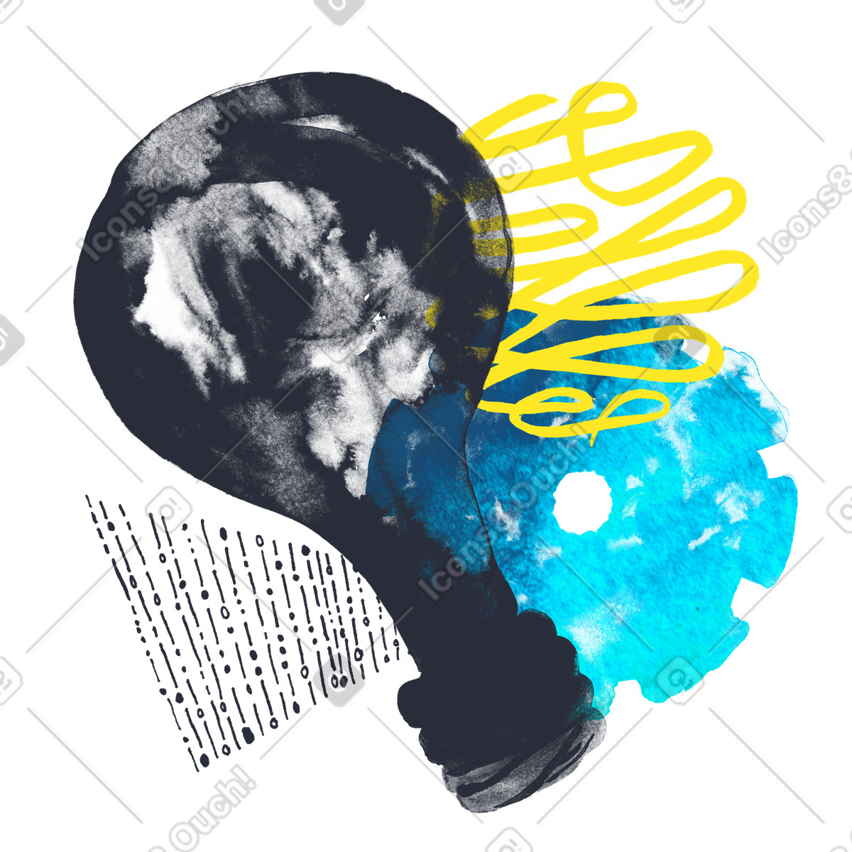 Illustration Ampoule et roue dentée dans le style Inky à télécharger aux formats PNG, SVG