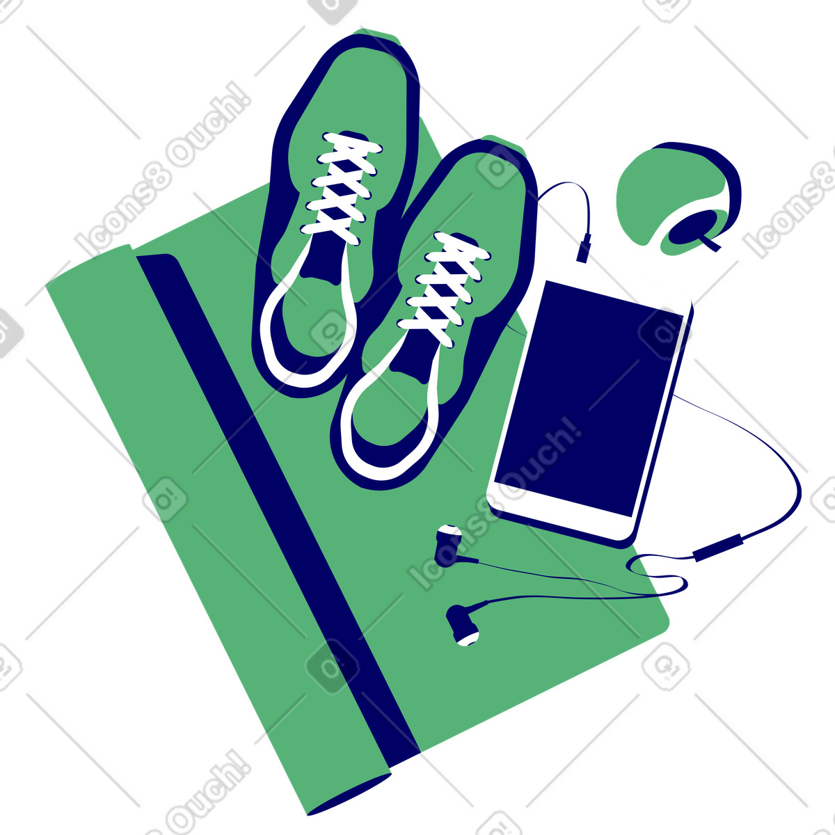 Illustration Tapis de yoga, baskets, tablette et pomme dans le style Lounge à télécharger aux formats PNG, SVG