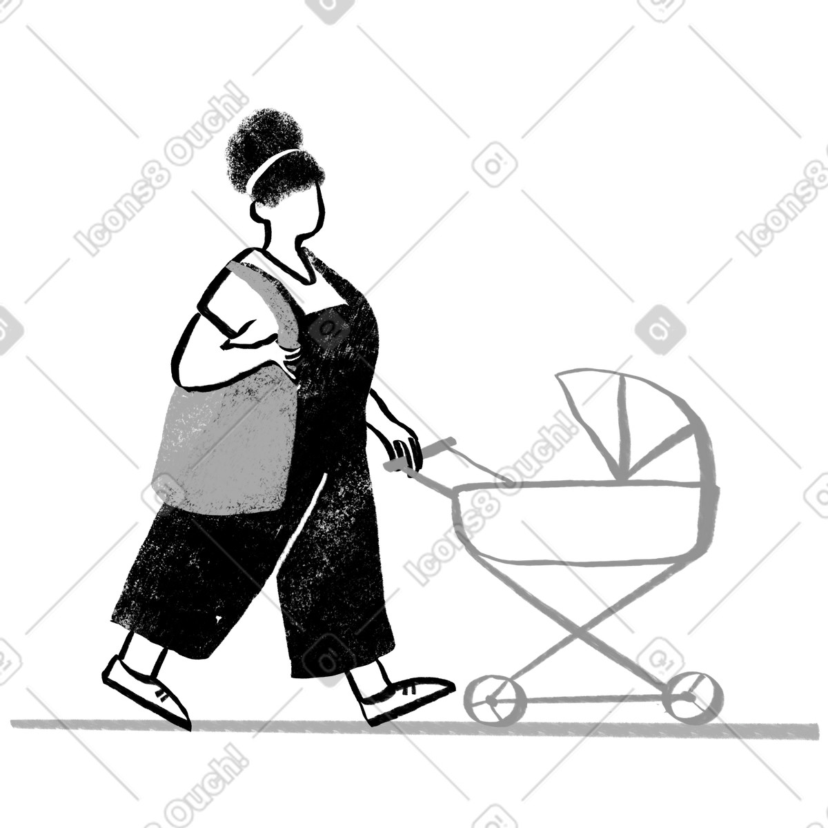 下载 Company 风格的 Black and white mother walking with a baby stroller 插画，支持 PNG、SVG 格式