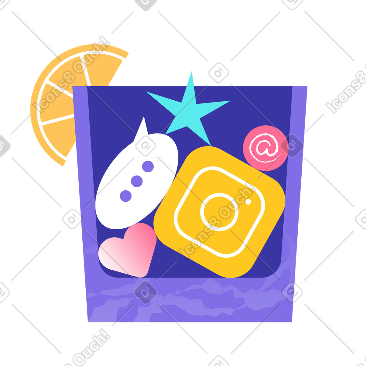 Glass of social media elements illustration in PNG, SVG