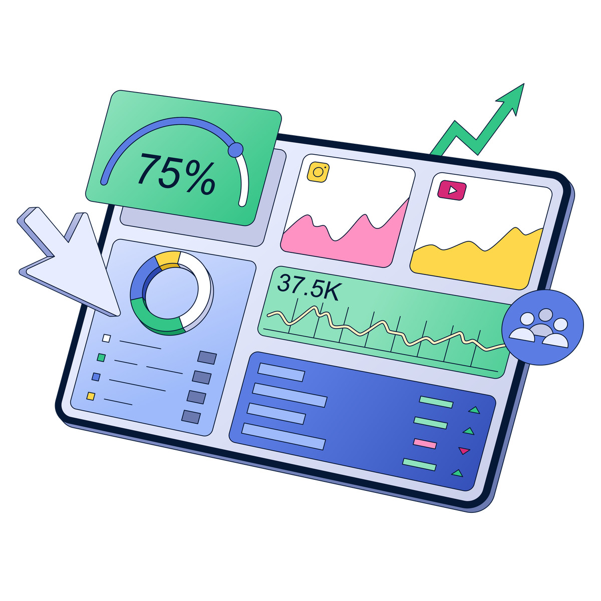 Neat スタイルの Social media analytics dashboard monitoring followers engagement and content performance trends のイラストをPNG、SVG形式でダウンロード