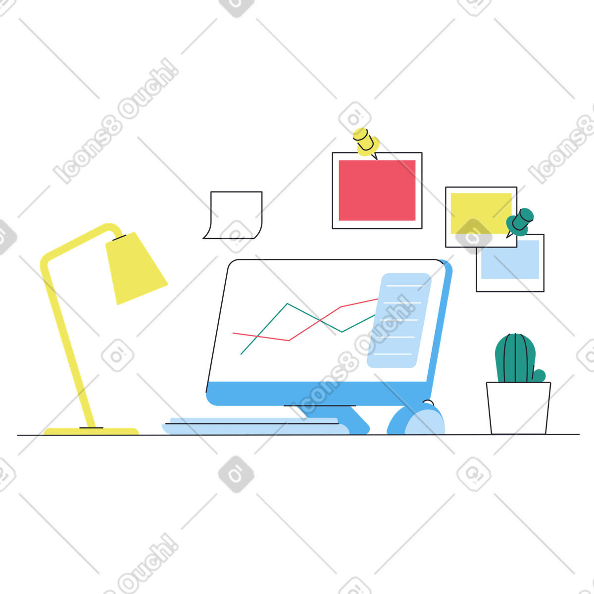 Ufficio di lavoro con lampada monitor e cactus illustrazione in stile Boba scarica in PNG, SVG