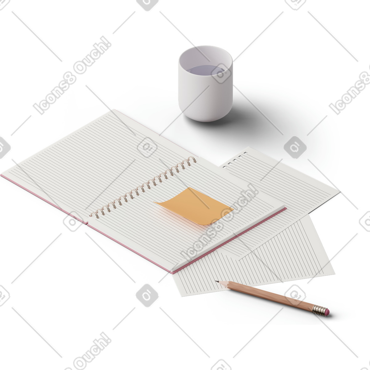 Cup of water notebook and pencil illustrazione in stile 3D Hygge scarica in PNG, SVG