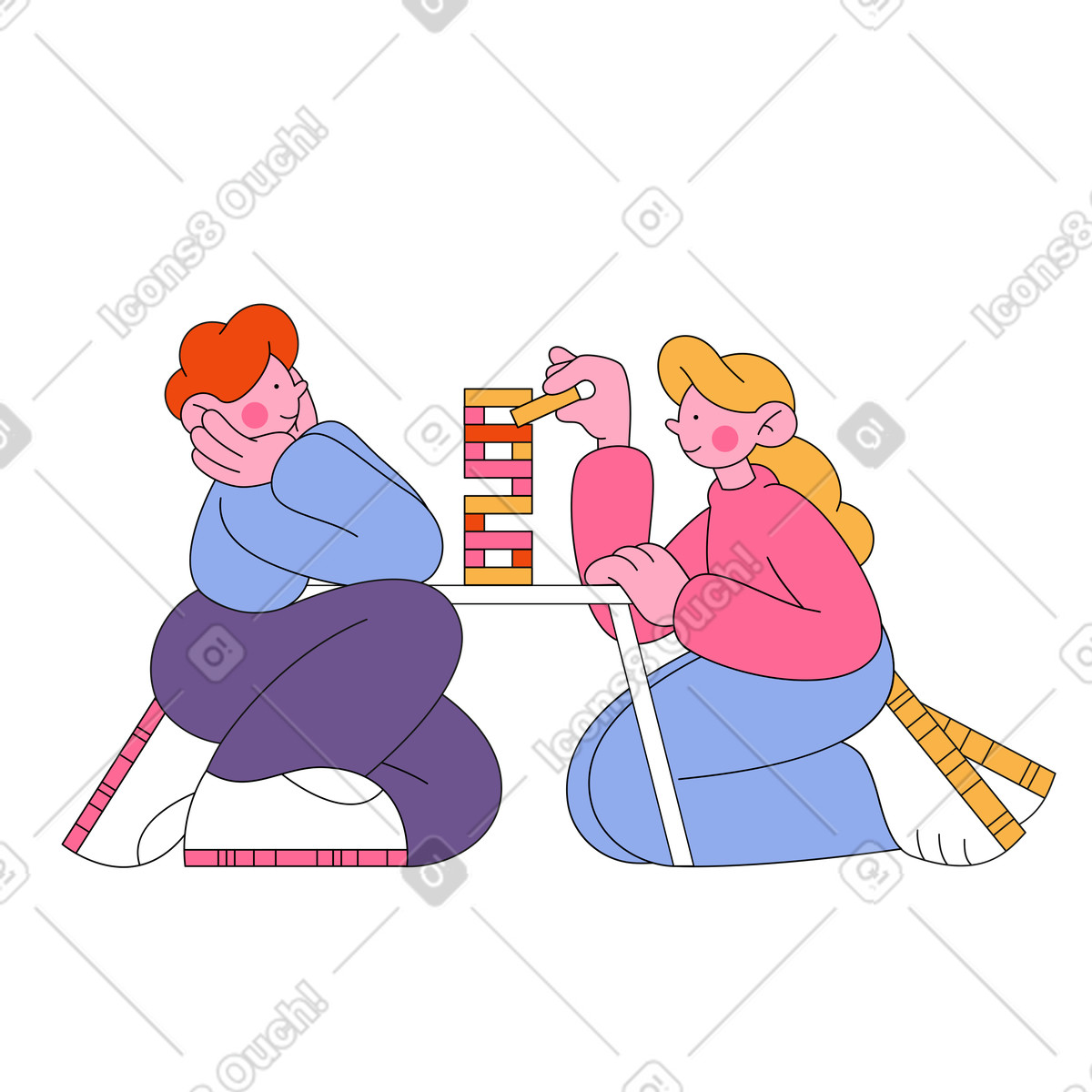 Mädchen und ein junge spielen jenga-Illustration im Bloom-Stil als Download in PNG, SVG