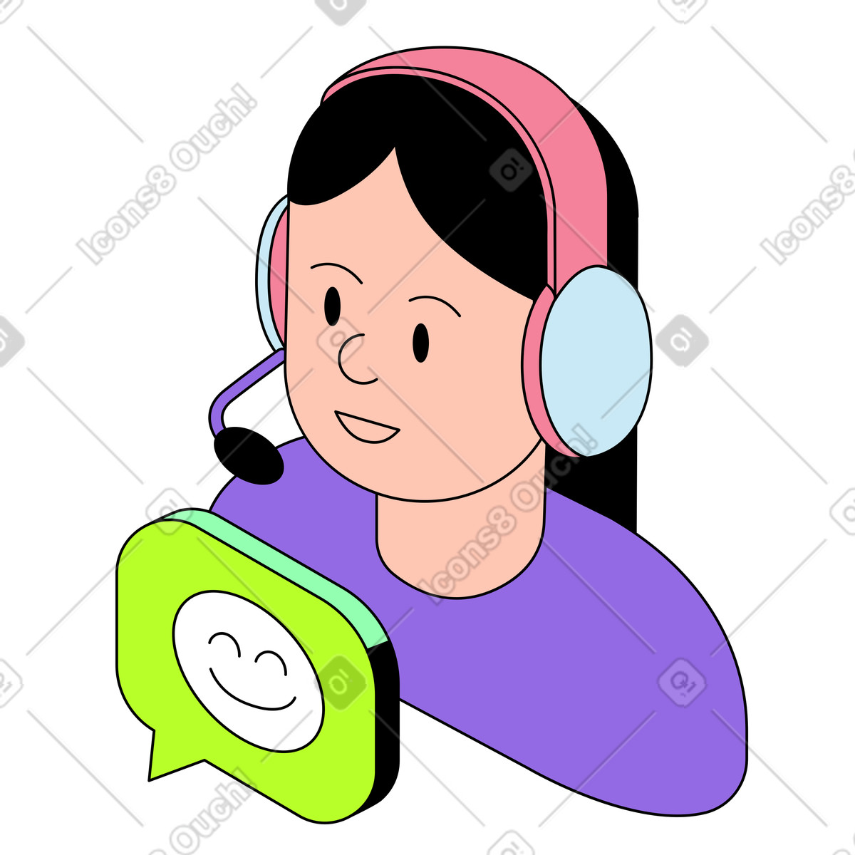 Project スタイルの Support agent chatting with client, Customer care interaction or remote assistance のイラストをPNG、SVG形式でダウンロード
