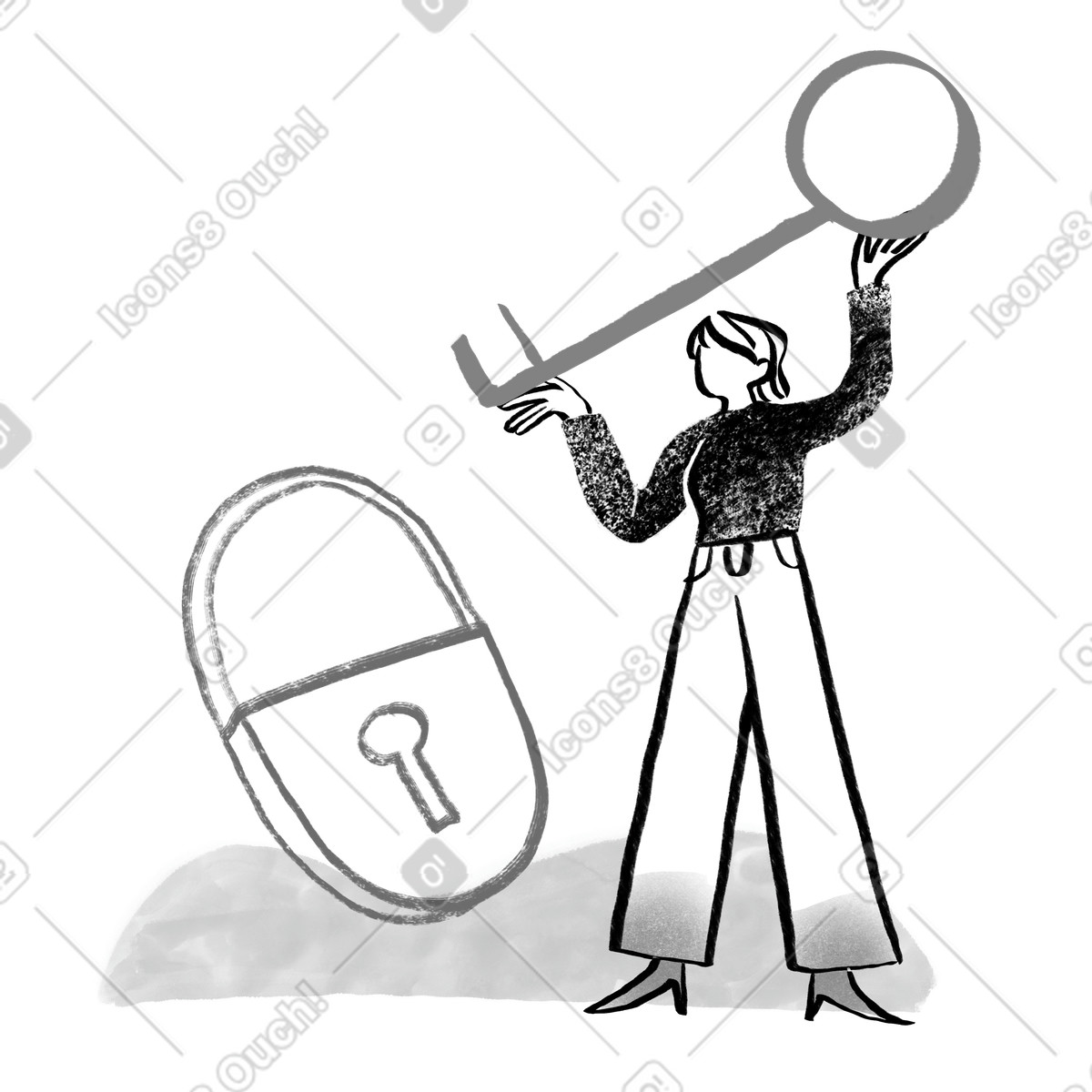 Black and white woman opening lock with a key illustration in Company style download in PNG, SVG