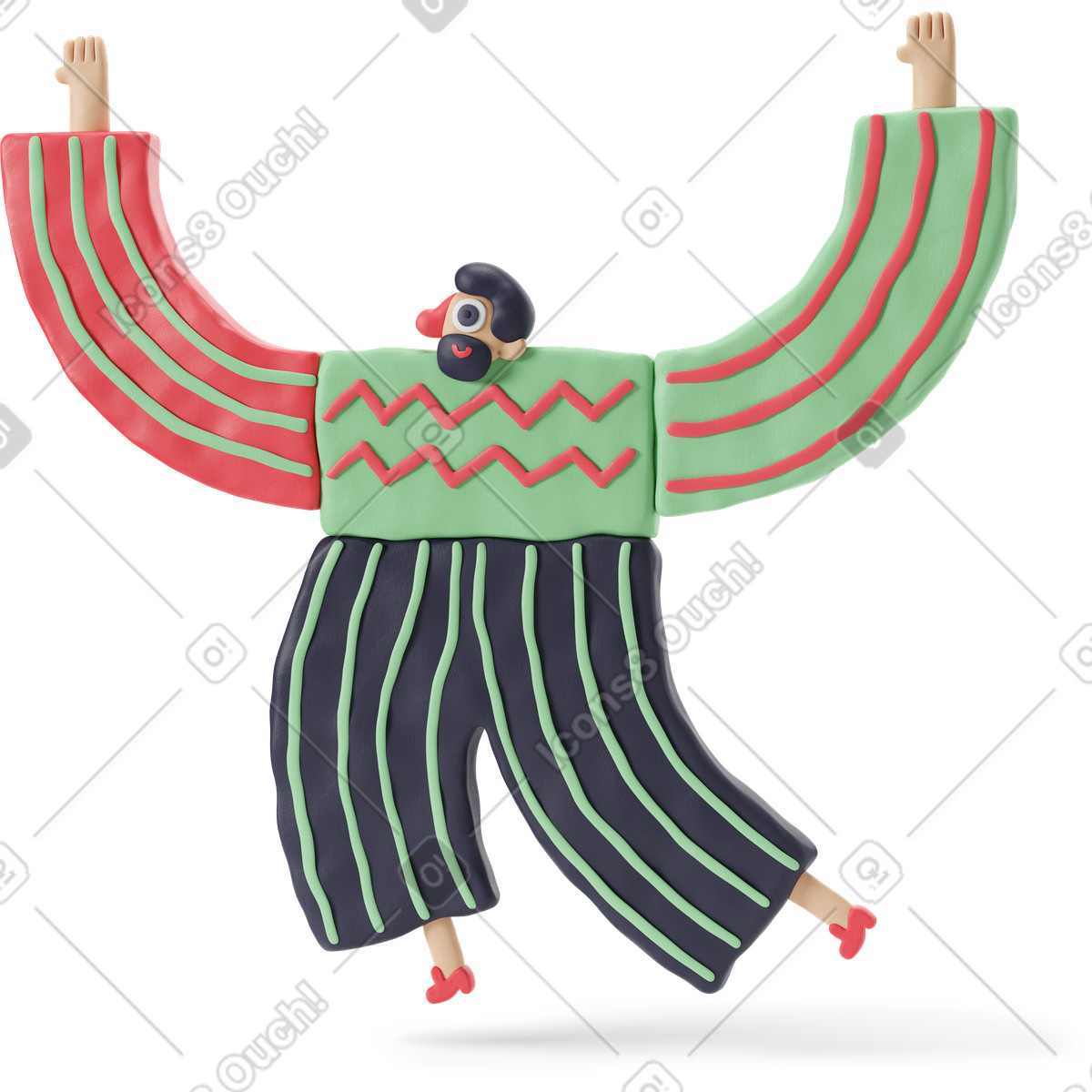 Bärtiger mann mit erhobenen armen-Illustration im 3D Stripy-Stil als Download in PNG, SVG