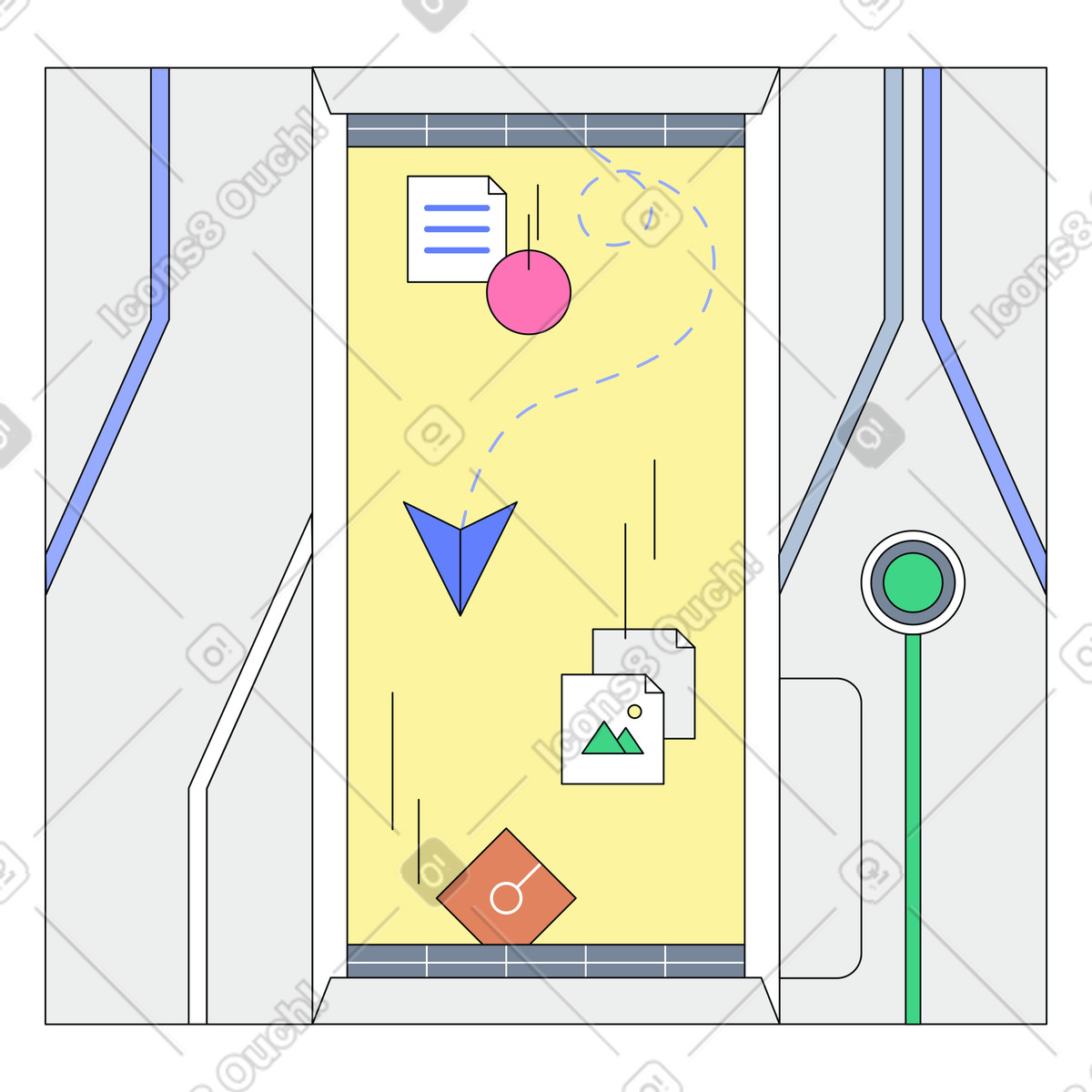 Automated file transfer in digital pipeline, Document flow through smart delivery system, Secure digital content transmission illustration in Teko style download in PNG, SVG