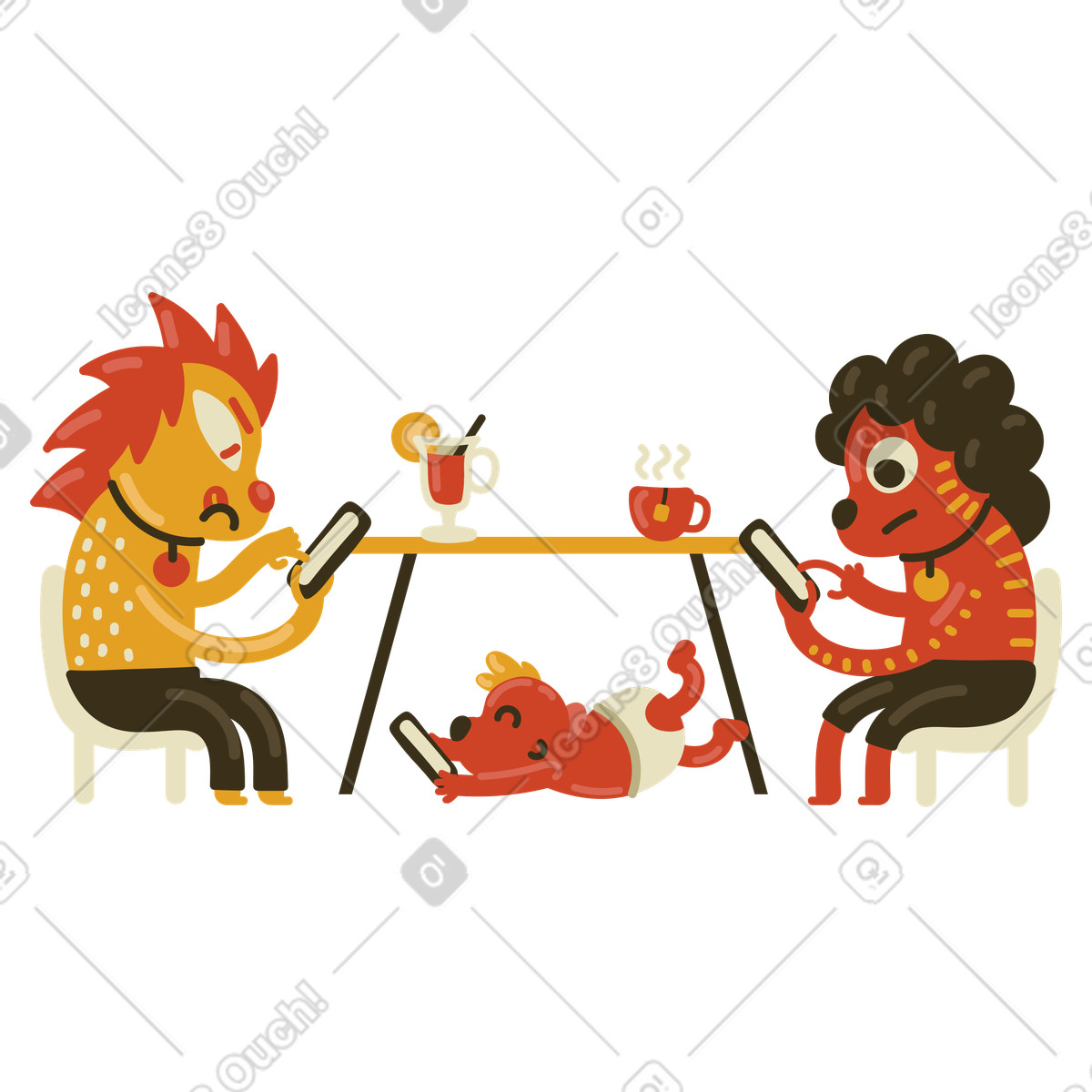 Family addicted to smartphones having a dinner illustration in PNG, SVG