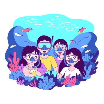 A group of children wearing colorful snorkeling gear is submerged in a vibrant underwater world. Each child is equipped with a different colored snorkel and mask, showcasing blue, yellow, and red accents. They are surrounded by an array of tropical fish swimming gracefully among vibrant coral formations. The coral exhibits various shapes and textures, adding depth to the scene. Sunlight filters through the water, illuminating the children's excited expressions as they explore this lively underwater environment.