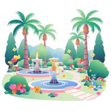 An exotic palace garden is filled with lush greenery and vibrant colors. In the center, there are multiple ornate fountains, each adorned with intricate carvings and cascading water. Surrounding the fountains, tall date palms reach towards the sky, their fronds gently swaying in the breeze. The garden is dotted with colorful flowers in various shapes and sizes, including bright red hibiscus, sunny yellow marigolds, and deep blue orchids. Pathways made of smooth stones wind through the garden, leading visitors to hidden nooks and charming seating areas shaded by the palms.