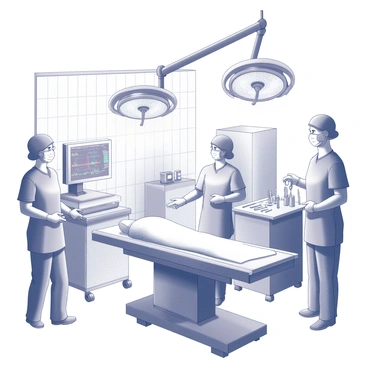 An operating room is depicted with bright surgical lights positioned overhead. The lights are focused down on a patient lying on an operating table. The patient is covered with a sterile drape and various medical instruments are arranged neatly on a nearby tray. Medical staff are present, wearing scrubs and masks, preparing for the endoscopy procedure. The room features tiled walls, a large monitor displaying vital signs, and various medical equipment arranged throughout the space.