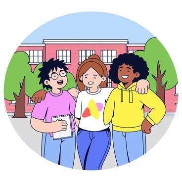 A group of three manga students is laughing together in a sunny school courtyard. One student has short spiky black hair and wears glasses, and they are holding a sketchbook. The second student has long brown hair tied in a ponytail and is wearing a graphic t-shirt. The third student has curly hair and wears a bright yellow hoodie. They are all standing close together, surrounded by green trees and a clear blue sky. In the background, there is a brick school building with large windows.