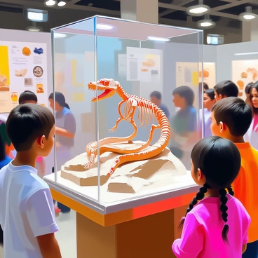 A fossilized snake skeleton is prominently showcased within a clear glass display case at a science fair. The skeleton is long and intricately detailed, with each vertebra clearly visible, indicating its former length and form. The display case is positioned on a sturdy wooden table, surrounded by various educational posters and informational brochures about fossils and ancient reptiles. Soft lighting highlights the skeletal structure, casting gentle shadows that enhance its three-dimensionality. Attendees, including children and adults, are gathered around, observing the fossil with curiosity and interest.