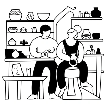 An artisan crafting pottery in a workshop filled with handmade goods