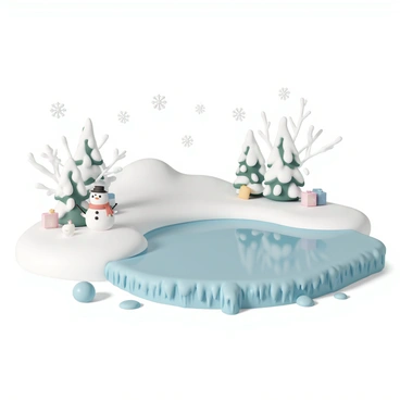 A pool, covered with a thick layer of ice, reflecting the pale blue sky above. Surrounding the pool, snow-covered trees with branches laden with white snowflakes create a picturesque winter landscape. Small icicles hang from the edges of the pool, while an assortment of colorful winter decorations, including a snowman wearing a carrot nose and a red scarf, can be seen nearby. Delicate snowflakes fall gently from the sky, adding to the whimsical atmosphere of the scene. In the background, a snow-covered hill provides a soft contrast to the shiny ice of the pool.