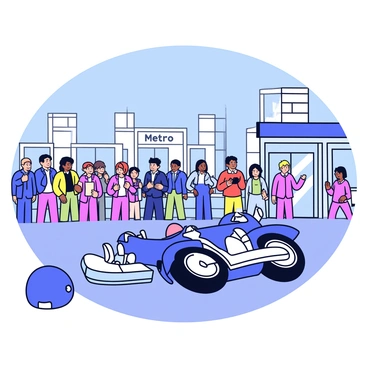 A scene depicting a motorcycle accident near a bustling metro station entrance. The motorcycle lies on its side, with a dark blue color and chrome details. Nearby, a helmet rests on the ground. In the background, a crowd of people is gathered, some looking concerned while others are on their phones. The entrance of the metro station features large glass doors and a sign that reads "Metro" above it. City buildings can be seen in the distance, with a clear blue sky overhead.