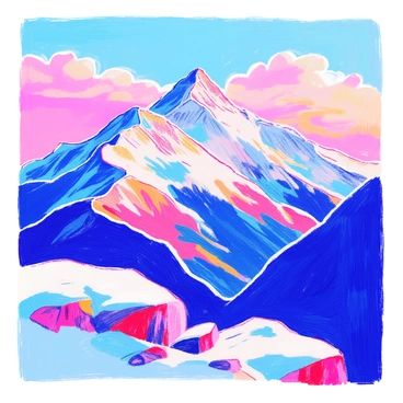 A range of snow-capped mountains rises majestically in the background. The peaks are covered in white snow, glistening under the soft light. In the sky above, a gradient transitions smoothly from icy blue at the top to warm pink closer to the horizon. Wispy clouds float gently, reflecting the colors of the sky. The foreground features a rocky outcrop, partially covered in snow, providing a dramatic contrast to the warm hues of the sky.