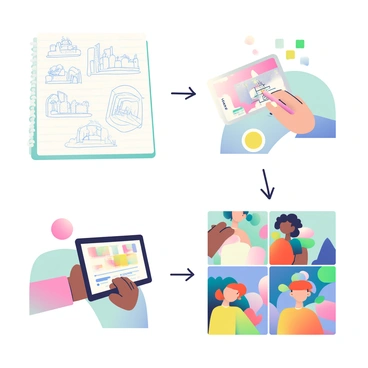 A collection of images showcasing the illustration process is presented in a step-by-step format. The first image displays rough sketches on a white notepad, depicting the basic outlines of characters and scenery. The second image shows the sketches being refined with finer lines, and colors beginning to be added in an array of soft pastels. The third image captures the artist in action, using a digital tablet with a stylus to apply details and textures to the illustration. The fourth image features the completed piece, vibrant and polished, showing the final characters and backgrounds in full color, with attention to lighting and shadows. Each stage demonstrates the progression from simple ideas to a finished artwork.