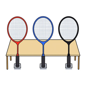 A display featuring multiple specialty badminton rackets designed for professional players. Each racket has a unique design, showcasing various colors such as bright red, deep blue, and sleek black. The rackets have lightweight frames made of high-tech materials, and their strings are tightly woven and glimmering. The showcase includes a backdrop of a light-colored table with a smooth finish. Each racket is positioned upright on small stands, allowing for a clear view of their grip and head shapes. Subtle shadows beneath the rackets enhance their three-dimensional appearance.