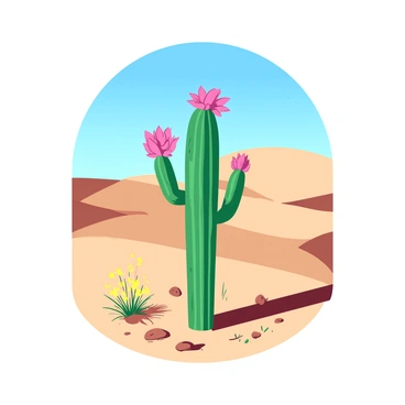 A green cactus with a single bright pink flower blooming at the top stands prominently in a sandy desert landscape. The background features rolling dunes with subtle shadows cast by the sun. Scattered around the cactus are small patches of yellow desert flora and a few smooth stones. The sky above is clear blue, creating a sharp contrast to the warm tones of the sand and plant life.
