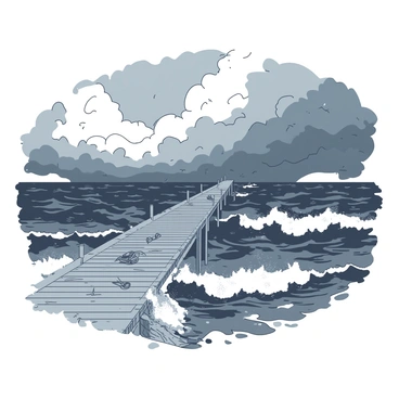 A long wooden pier extends out into a turbulent sea, with powerful waves crashing against its supports. The water is dark and choppy, reflecting the fierce energy of the storm. The sky above is filled with thick grey clouds, swirling ominously. Raindrops can be seen striking the surface of the water, creating ripples. Some sections of the pier are being splashed with sea foam as the waves hit hard. Debris floats in the water around the pier, hinting at the intensity of the storm.