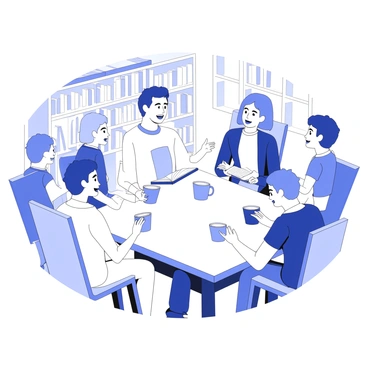 A cozy book club meeting is taking place inside a cafe. There are several students seated around a wooden table, engaged in animated discussions about their favorite novels. Each student has a coffee cup in front of them, with some having pastries or snacks on the table. One student is holding an open book, gesturing excitedly as they talk. Another student leans in, listening intently while taking notes in a small notebook. The cafe has bookshelves filled with books in the background, creating a warm and inviting atmosphere. Soft lighting from overhead fixtures enhances the cozy setting.