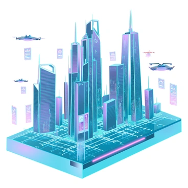 A futuristic cityscape emerging from the top of a digital brain