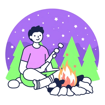 Vadivelu is sitting cross-legged around a campfire. He is wearing a casual t-shirt and shorts, with a smile on his face as he holds a stick. The stick has a marshmallow at the end, which is being roasted over the flickering flames of the campfire. The firelight casts a warm glow on his face. In the background, there is a night sky filled with numerous stars, twinkling brightly. The surrounding area is filled with silhouettes of trees, adding to the outdoor atmosphere of the scene.