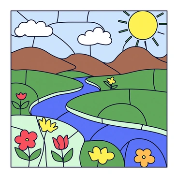 A mosaic wall composed of small, vibrant tiles arranged meticulously to create a detailed landscape. The tiles vary in color, showcasing shades of green, blue, and brown to represent grass, water, and earth. The pattern features rolling hills in the background, a bright sun in the top corner, and a winding river flowing through the scene. In the foreground, there are flowers created from smaller tiles, adding pops of red, yellow, and orange to the composition. The overall arrangement of tiles is precise and clean, emphasizing the artistry of the landscape depiction.