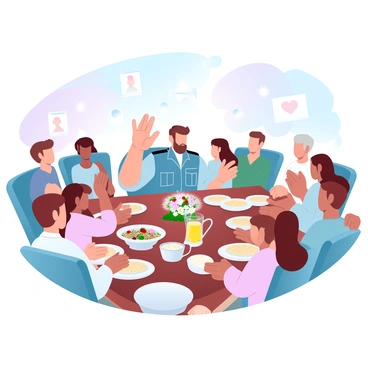 A multi-generational family is gathered around a large wooden dining table. The table is adorned with a colorful tablecloth and an array of dishes filled with food. A veteran, wearing a military jacket, is animatedly sharing stories, gesturing with his hands. Seated around him are various family members, including children listening intently, teenagers with curious expressions, and older relatives nodding in recognition. In the background, a warm glow from hanging lights illuminates the scene, and the walls are decorated with family photos and memorabilia. A large bowl of salad and a pitcher of lemonade are placed on the table, adding to the inviting atmosphere. A decorative centerpiece of flowers sits in the middle, enhancing the warm and lively setting.