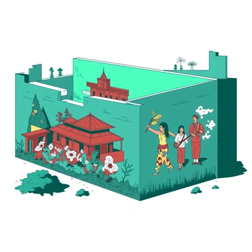 A teal urban wall is covered with a vibrant mural showcasing various scenes of cultural heritage. The mural features intricate designs, including a traditional dancer in colorful attire, a group of musicians playing instruments, and a detailed depiction of a historic building. In the foreground, there are vines and flowers in contrasting colors, adding life to the mural. The scenes are interconnected, symbolizing community and tradition. The overall composition is dynamic, inviting viewers to explore the rich stories captured in the artwork.