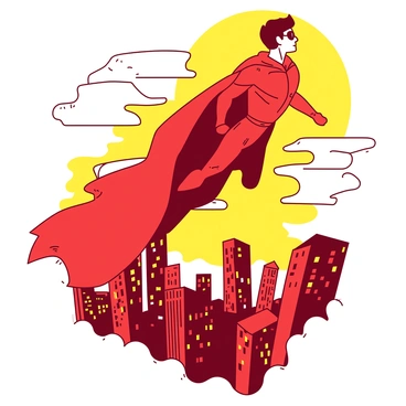 A red superhero with a flowing cape is soaring through the sky above a busy city. The cityscape below features tall buildings with numerous windows reflecting the light. A yellow sunset fills the background, casting a warm glow across the scene. The superhero's powerful pose shows determination as they navigate through the clouds above, creating a sense of movement and energy.