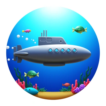 A futuristic submarine with a sleek, metallic design, equipped with advanced technology and cargo compartments. The submarine is submerged underwater, with bubbles trailing behind it as it moves through the depths. Surrounding the submarine, various marine life can be seen, including colorful fish, graceful sea turtles swimming nearby, and vibrant coral reefs in the background. Sunlight filters through the water, illuminating the scene and creating a shimmering effect on the submarine's exterior.