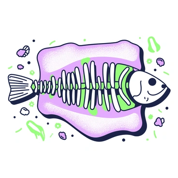 A detailed illustration of the bones of a dead fish arranged on a canvas. The fish's skeletal structure is positioned in the center, showcasing the vertebrae, ribs, and skull. Surrounding the bones, delicate shadowing creates a contrast that emphasizes their intricate shapes. The canvas has a textured surface that enhances the overall appearance. Small detail lines outline each bone, showcasing the precise anatomy. In the background, scattered marine elements, such as small shells and seaweed fragments, complement the composition and add depth.