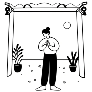 An individual dressed in traditional attire bowing respectfully, with their hands placed together in front of them. The background features wooden beams and ornate decorations typical of a traditional setting. There are elegant patterns on the floor and a few potted plants in the corners, adding to the ambiance of the scene. The lighting is soft, creating a serene atmosphere around the individual.