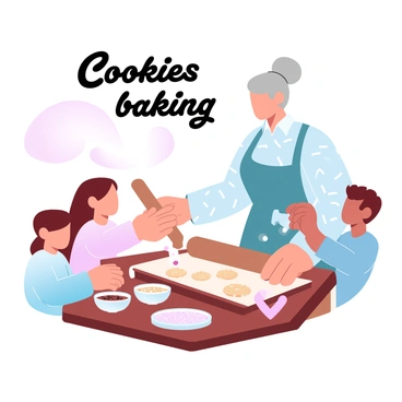 A grandmother with grey hair tied in a bun is standing at a wooden kitchen counter, rolling out dough with a rolling pin. She is wearing a patterned apron over a long-sleeve shirt. Two grandchildren, a boy and a girl, are eagerly helping her. The boy is sprinkling flour on the counter, while the girl is using cookie cutters shaped like stars and hearts to cut out pieces of dough. There are bowls of various ingredients, such as chocolate chips and sprinkles, on the counter. A warm light illuminates the kitchen, enhancing the inviting atmosphere. "Cookies baking" is written in decorative lettering above the scene.
