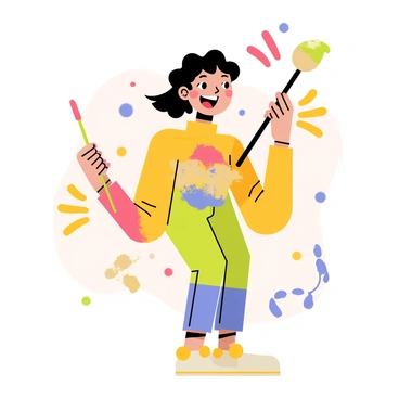 A cartoon-style illustration of "Nami" joyfully holding a large paintbrush in her right hand. She has a wide smile on her face, and her hair is flowing playfully. Splashes of vibrant colors, including red, blue, yellow, and green, burst around her in a dynamic manner, creating a lively atmosphere. The background is filled with abstract shapes in soft pastel tones, enhancing the artistic scene. Nami's outfit is bright and colorful, reflecting her creative energy as she engages in her art.