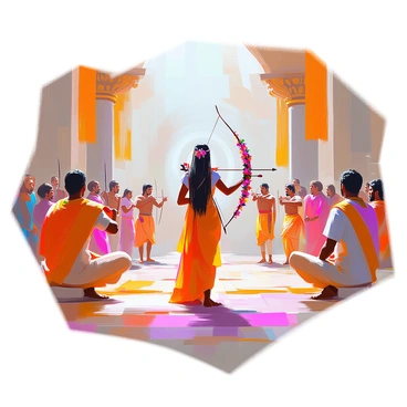 Draupadi, a woman of striking beauty with long dark hair, stands gracefully at the center of a grand hall decorated with vibrant fabrics and elaborate floral arrangements. She holds a magnificent garland made of colorful blossoms in her hands, poised to choose her suitor. Around her, several noble suitors are gathered, each attempting to complete the archery challenge, showcasing their skills with bows and arrows. The tension in the atmosphere is palpable as they concentrate on the target, with a backdrop of richly adorned columns and spectators eagerly watching the competition unfold.