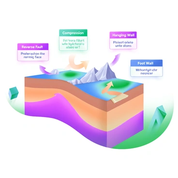 An infographic displaying the process and effects of "reverse faults." The background features a cross-section of the Earth's crust illustrating two tectonic plates. One plate is shown being pushed upward over the other, indicating the compression that leads to reverse faulting. Arrows illustrate the direction of movement and stress. Text boxes with explanations are placed around the image, detailing terms like "Compression," "Hanging Wall," and "Foot Wall." Additionally, visual representations of seismic waves, mountain formation, and an earthquake symbol are included to emphasize the effects of reverse faults.