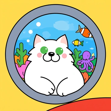 A fluffy white cat with big green eyes is peering through a circular porthole in a colorful submarine. The porthole glass is clear, showing the cat's curious expression. The submarine's interior is bright yellow with fun patterns. Outside the porthole, a lively underwater scene is visible, including colorful fish swimming by, a playful octopus waving its tentacles, and a coral reef filled with various shapes and vibrant colors. Bubbles rise from the cat's nose, adding a playful touch to the scene.
