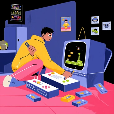 A teenager playing a vintage video game console on an old CRT television