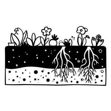 A detailed cross-section of a garden bed is displayed, showcasing multiple layers of soil. The top layer consists of dark, rich soil, with small stones and organic matter visible. Beneath it, a lighter layer of loamy soil is evident. Various roots extend from plants above into the soil, intertwining throughout the layers. Different plants, including flowers and vegetables, are seen growing in the top layer, their stems rising prominently above the soil. Small insects are scattered throughout the soil, and the structure reveals a complex ecosystem beneath the surface.