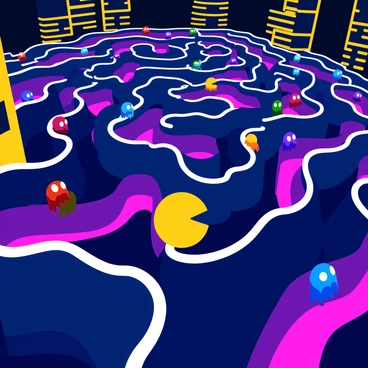 A futuristic city maze with intricate pathways illuminated by vibrant neon lights. The pathways curve and twist, creating a complex network that extends into the distance. "Pac-Man," with his iconic yellow, round shape, is depicted in motion, navigating through the maze. The buildings surrounding the maze feature sleek, modern designs with glowing edges. Various colorful ghosts are positioned strategically within the maze, each one having a distinct color and expression. The atmosphere is lively, showcasing the energetic essence of the maze and its dynamic characters.