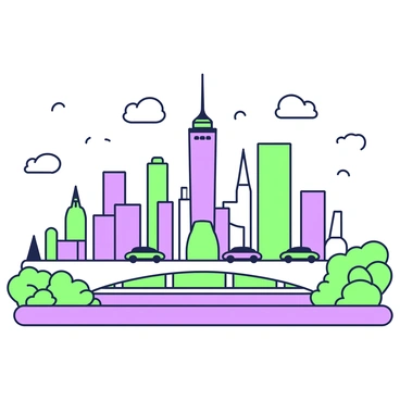 A bustling city skyline represented in a continuous line illustration