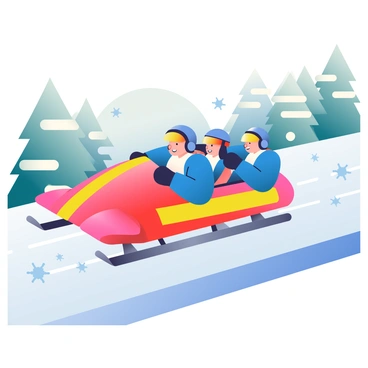 A bobsled team is racing down a narrow, icy track surrounded by snow-covered trees. The bobsled is sleek and aerodynamic, painted in bright red with yellow stripes. There are four team members, all wearing matching blue helmets and racing suits, with expressions of determination on their faces. The track glistens in sunlight, and you can see frozen ice crystals glimmering on the surface. In the background, there are snowflakes gently falling from a gray sky, creating a sense of winter atmosphere.